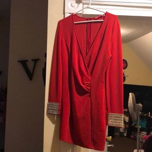 Red dress with gold and silver on sleeve
